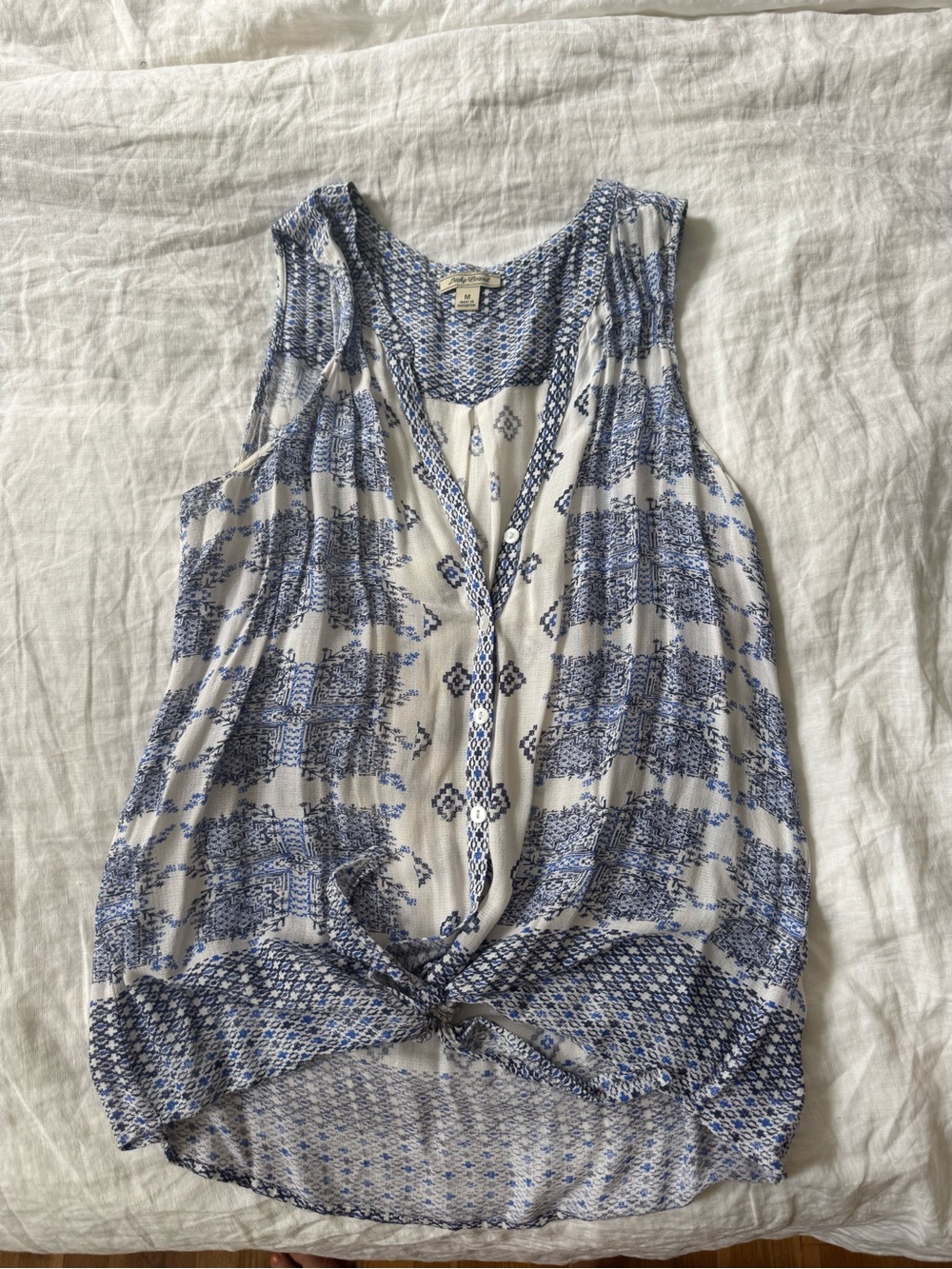 Lucky Brand Blue and White Patterned Tie-Front Sleeveless Top